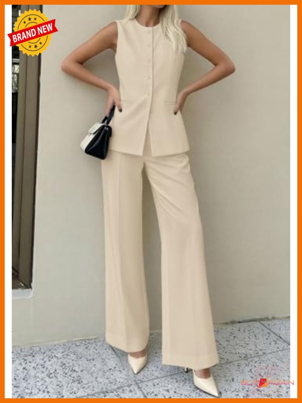 Women's 2 Piece Suit Set Sleeveless Blazer Vest & Wide Leg Pants Business - Picture 5 of 6